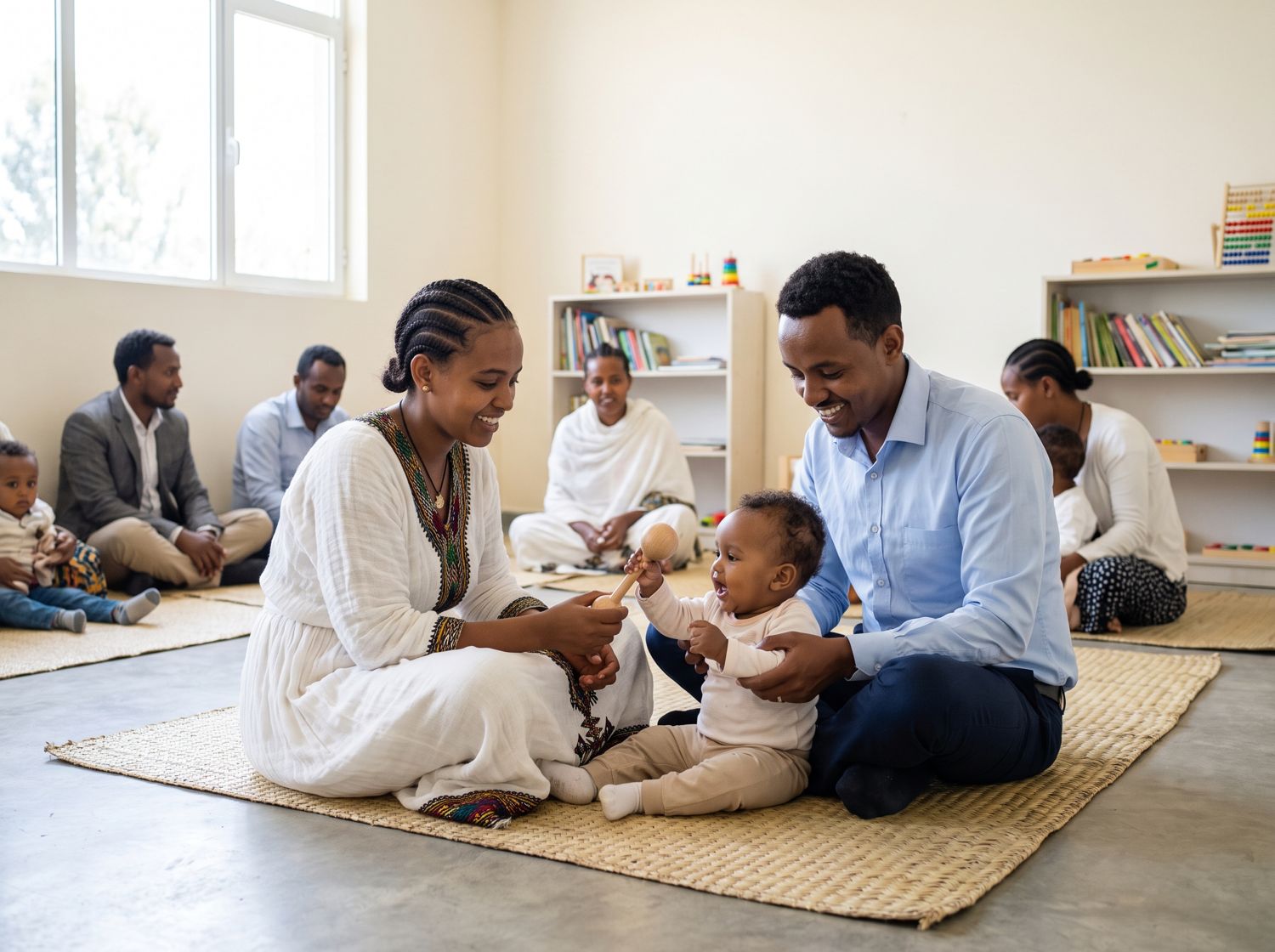 Parents sit on a mat with their baby, who reaches for a wooden rattle
