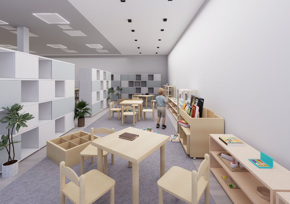 Render of the Montessori children's environment: low shelves of materials, child-sized tables and chairs, and a play rug