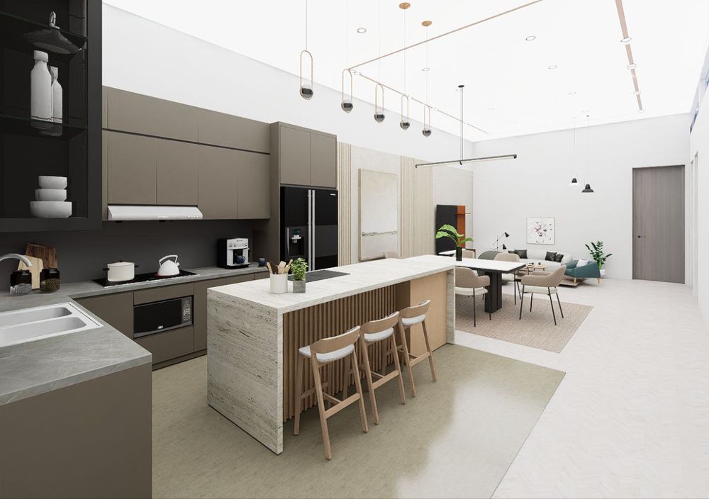 Render of a shared kitchen with an island and a dining and lounge area beyond