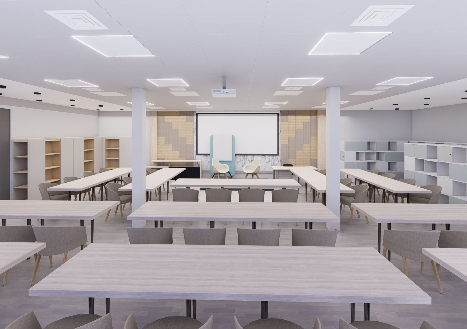 Architect's render of a GMIC training hall: long light-wood tables, materials shelves along the walls and a projection screen at the front